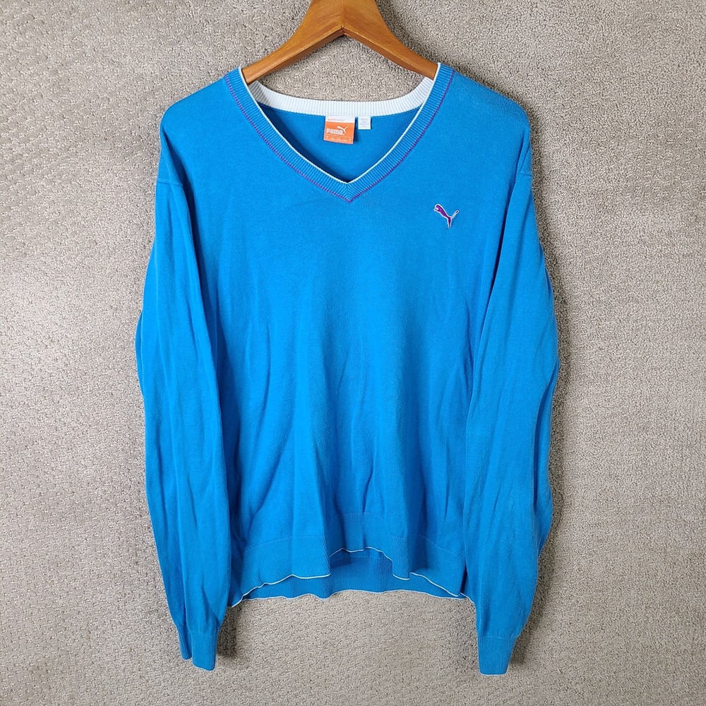 Puma Sweater Mens‎ Large Blue V Neck Long Sleeve Pullover Casual Sporty Cotton